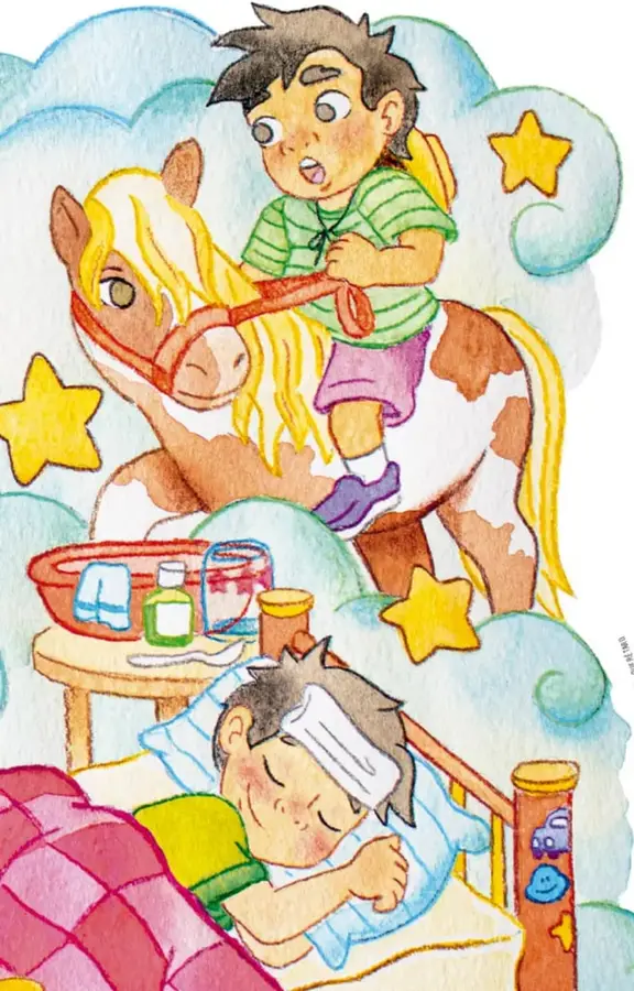 Niño de playera verde y pantalón morado montando un pony blanco y café con crin amarilla, rodeado de nubes azules y estrellas amarillas.