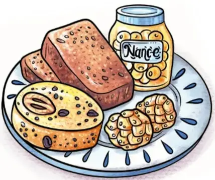 Ilustración de una bandeja con pan, galletas y un frasco de galletas "Nance".