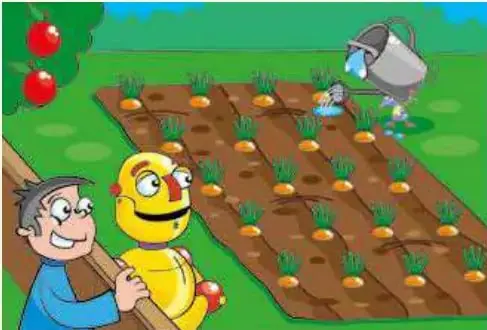 Robbie con zanahorias y un ratón escondido entre las plantas.