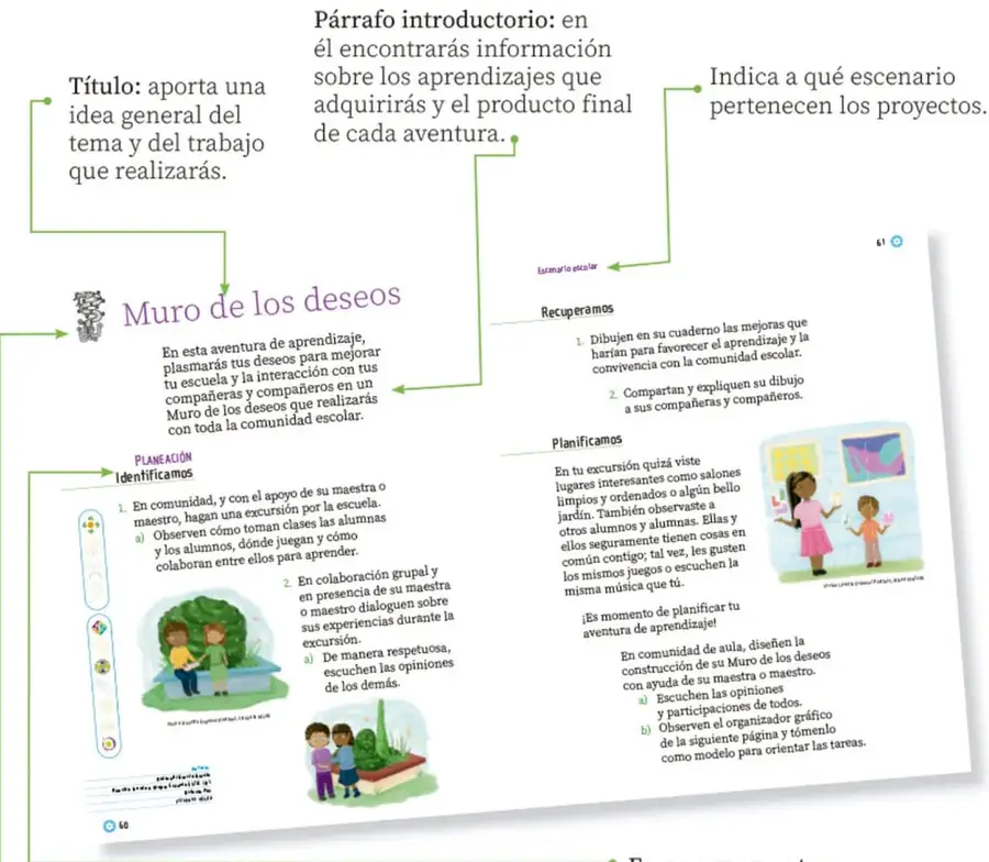 Página 60 del libro "Muro de los deseos" con el título en color, párrafo introductorio y la fase Planeación - Identificamos, con ilustraciones de niñas y niños en la escuela.