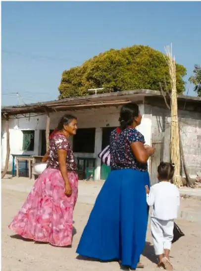Fotografía de dos mujeres huaves con faldas largas floreadas (rosa y azul) y un niño de camisa blanca, caminando frente a una casa con palma en una población costera.