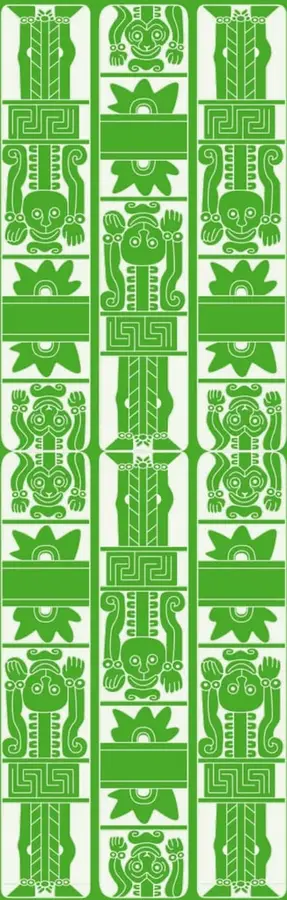 Franja vertical verde con motivos decorativos de inspiración prehispánica mexicana (figuras antropomorfas, serpientes, maíz y grecas), que acompaña el título de la portadilla.