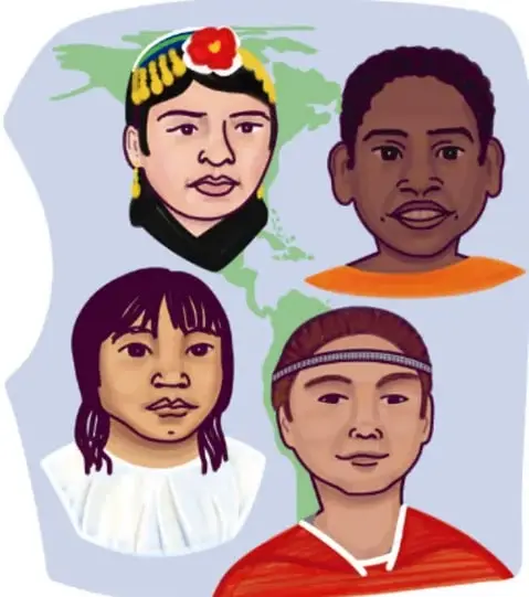 Ilustración de cuatro rostros de niños y niñas de distintas culturas (con tocado de flores, trenzas, banda tejida y ropa tradicional) sobre la silueta del continente americano. Crédito: Mariana Flores Serrano, Ciudad de México.