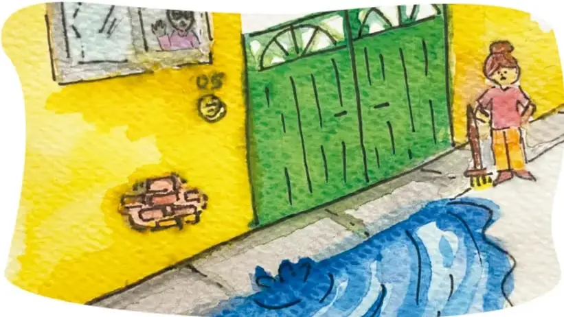 Ilustración en acuarela de una calle con muro amarillo, portón verde y una persona de pie con escoba, mirando con molestia hacia su vivienda; estampa acreditada a Mariana Haide Calderón Cifuentes, Ciudad de México.