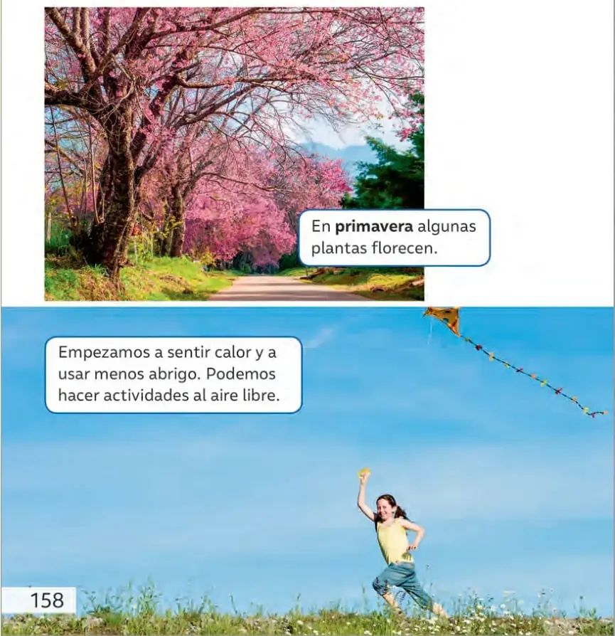 Niña con polera amarilla y pantalón de mezclilla volando un volantín en un prado con flores, bajo un cielo azul despejado. Recuadro de texto: «Empezamos a sentir calor y a usar menos abrigo. Podemos hacer actividades al aire libre».