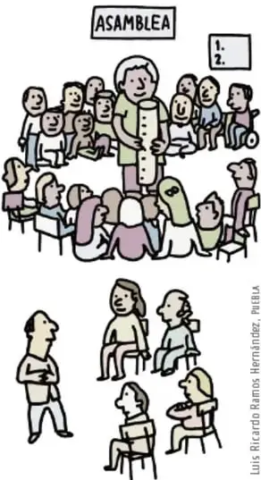 Dibujo de una asamblea: una persona de pie dirige a un grupo sentado en círculo; hay un cartel que dice ASAMBLEA y una lista numerada 1. 2.