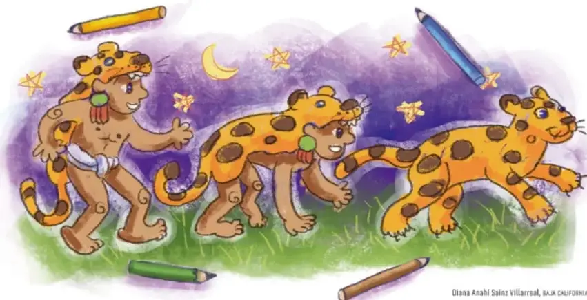 Ilustración de un niño con vestimenta inspirada en un jaguar y dos jaguares caminando bajo la luna y estrellas, con lápices de colores alrededor.