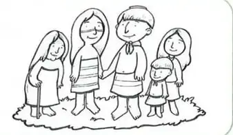 Ilustración de una familia de varias generaciones, con adultos, niñas y niños.