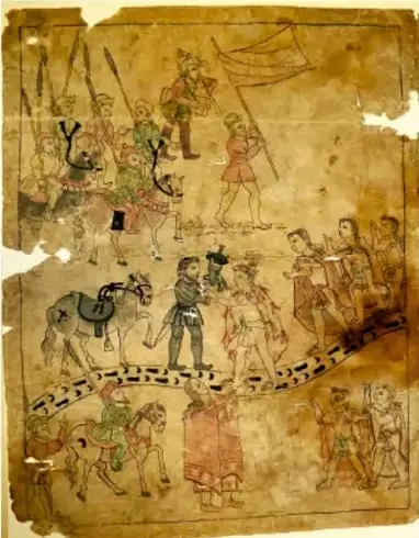 Ilustración antigua estilo códice que muestra a conquistadores españoles a caballo y personajes indígenas, representando la conquista de México-Tenochtitlan.