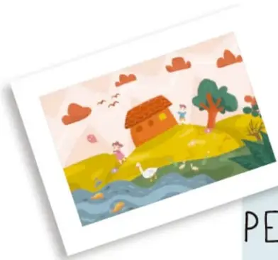 Ilustración de un paisaje con casa, árbol, nubes y aves.