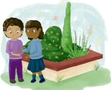 Ilustración de dos niñas de pie frente a un jardín con plantas y un cactus, conversando.