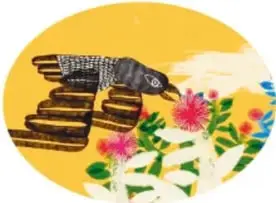 Ilustración de estilo bordado con un animal (parecido a un armadillo o tejón), flores rosadas y blancas sobre fondo amarillo.