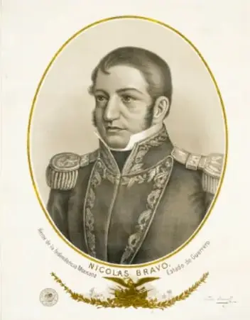 Retrato ovalado de Nicolás Bravo con uniforme militar y la inscripción 'Nicolás Bravo, Libertador de la Patria'.