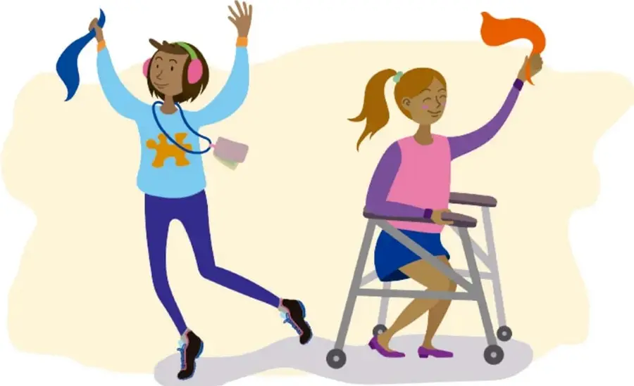 Ilustración de dos personas bailando con pañuelos: una de pie con pañuelo azul y otra sentada en una andadera con pañuelo naranja, sobre un fondo amarillo claro.