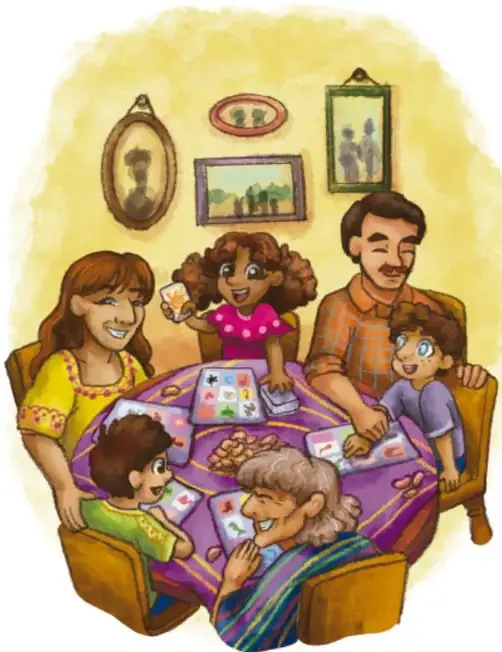 Ilustración de una familia (madre, padre, abuela y tres niños) sentada alrededor de una mesa morada jugando cartas; en la pared hay retratos familiares; crédito: Diana Anahí Sainz Villarreal, BAJA CALIFORNIA.