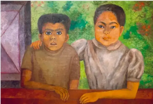 Pintura "Danilo y María" (1963) de Olga Costa: dos niños de piel morena apoyados en una baranda; uno con camisa café y otro con blusa clara; al fondo vegetación verde y una pared morada.