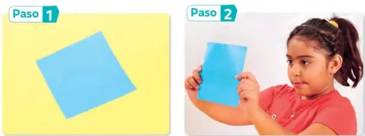 Paso 1: una hoja de papel cuadrada sobre una superficie amarilla, mostrando el material en reposo antes de experimentar.