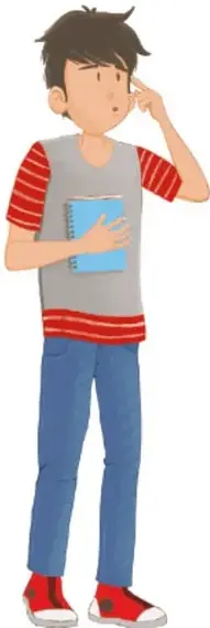 Ilustración de un estudiante con camiseta gris y mangas rojas, sosteniendo un cuaderno azul y pensando con la mano en la cabeza. Crédito: Maya Selene García López, Ciudad de México.