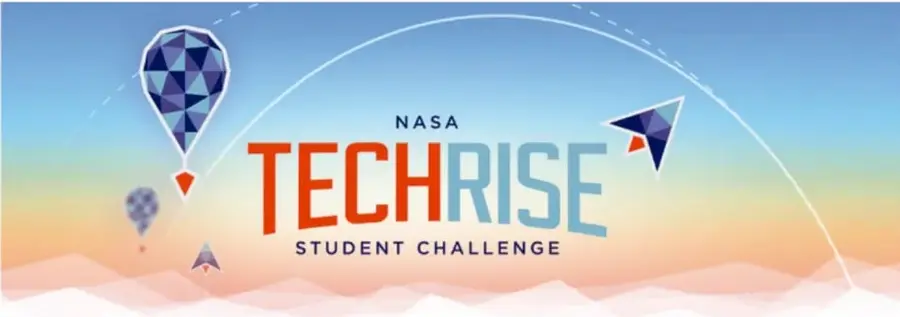 Banner del programa NASA TechRise Student Challenge con globos aerostáticos y un cohete de papel sobre un cielo degradado.