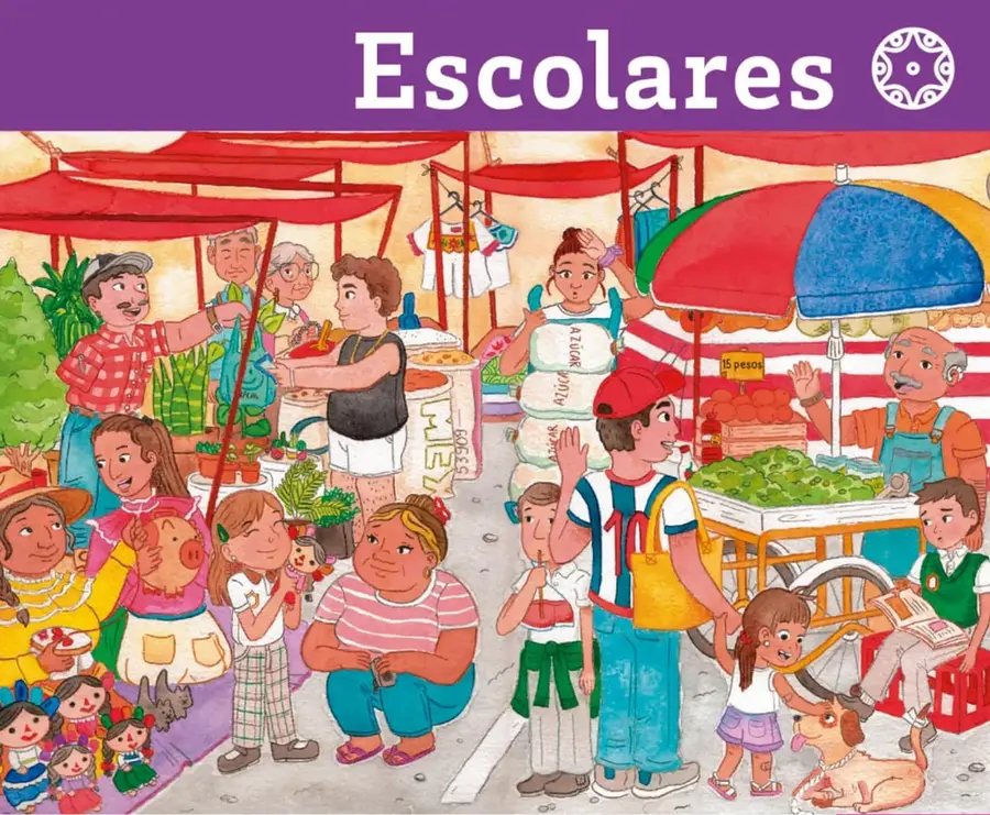 Ilustración de un mercado al aire libre con puestos bajo toldos rojos: vendedor de verduras, sacos de azúcar y miel, puesto de frutas con cartel de 15 pesos, niñas con muñecas, niños con mochilas y un perro, familias comprando.