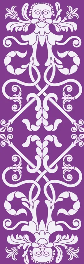 Ilustración decorativa de estilo prehispánico en color morado con figuras simétricas, rostros y motivos vegetales entrelazados.