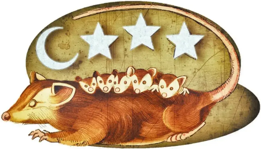 Ilustración estilo artesanal de una tlacuache café caminando con varias crías cargadas en el lomo, bajo una luna creciente y tres estrellas blancas; firma de Jorge González Meléndez.
