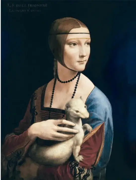 Retrato 'La dama del armiño (Retrato de Cecilia Gallerani)' (ca. 1489-1491): joven de tres cuartos, con tocado, collar de cuentas negras y vestido rojo y azul, que sostiene en los brazos un armiño blanco.