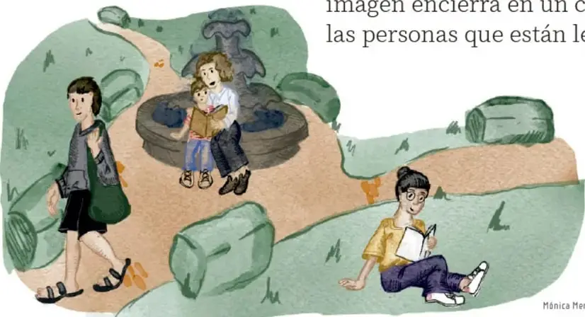 Ilustración de un parque con fuente: una persona camina con una bolsa, una madre con su hijo lee un libro junto a la fuente y una chica sentada en el pasto lee un libro. Crédito: Mónica Mendoza Cruz, Ciudad de México.