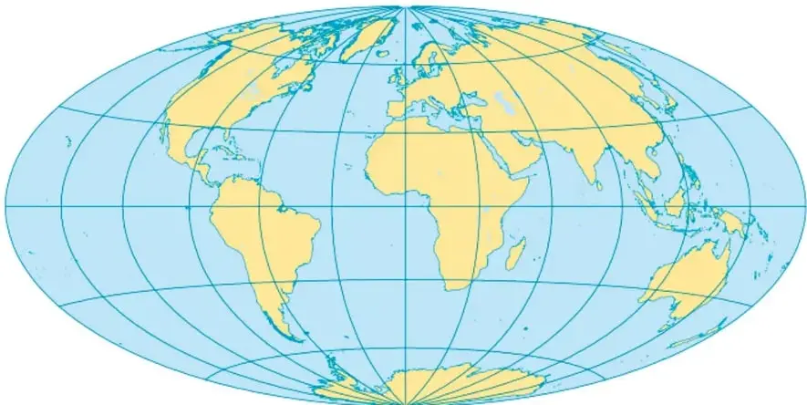 Mapa mundial ovalado con los continentes en amarillo sobre océano azul, con líneas de paralelos y meridianos.
