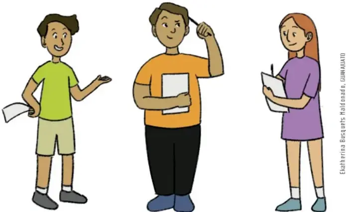 Ilustración de tres estudiantes de secundaria: un joven con camiseta verde sosteniendo una hoja, un joven con camiseta naranja reflexionando con un lápiz en la mano sobre una carpeta, y una joven con vestido morado escribiendo en un cuaderno. A la derecha, crédito de la ilustración: Ekatherina Biesquerts Valladares · GIMNAMITO.