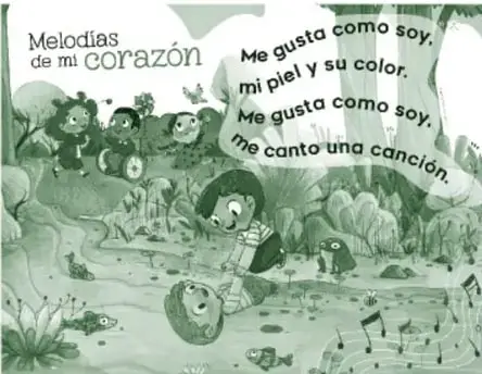 Miniatura de la portada del recurso 'Melodías de mi corazón': ilustración de niños en un entorno natural con un río y peces, con letras musicales: 'Me gusta como soy, mi piel y su color. Me gusta como soy, me canto una canción'.