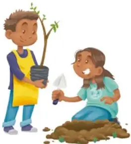 Dos niños plantando un árbol: uno sostiene la planta en maceta y otro usa una pala para hacer un hoyo en la tierra.