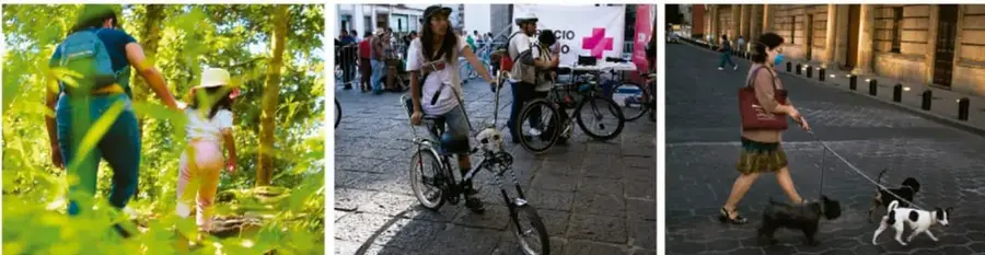 Tres fotos: una familia caminando por un sendero natural, personas con bicicletas en una calle, y una persona paseando perros por la vía pública; ilustran actividades cotidianas de estilo de vida activo.