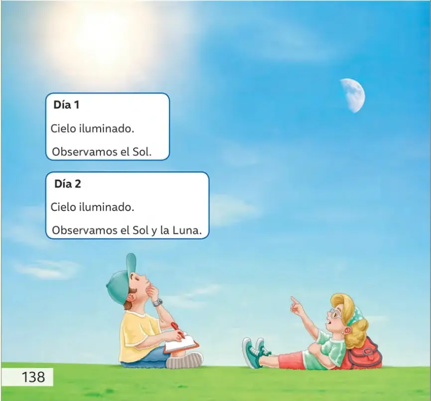 Ilustración de un cielo diurno azul con una Luna visible; dos recuadros indican las observaciones: Día 1 (cielo iluminado, observamos el Sol) y Día 2 (cielo iluminado, observamos el Sol y la Luna).