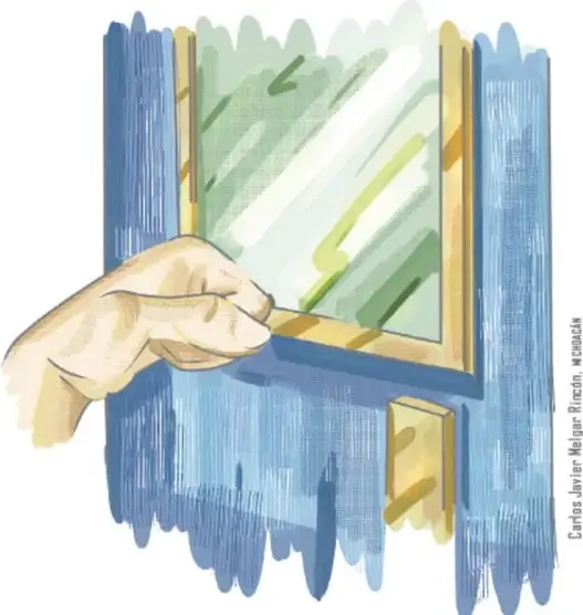 Ilustración de una mano abriendo una ventana con cortinas azules.
