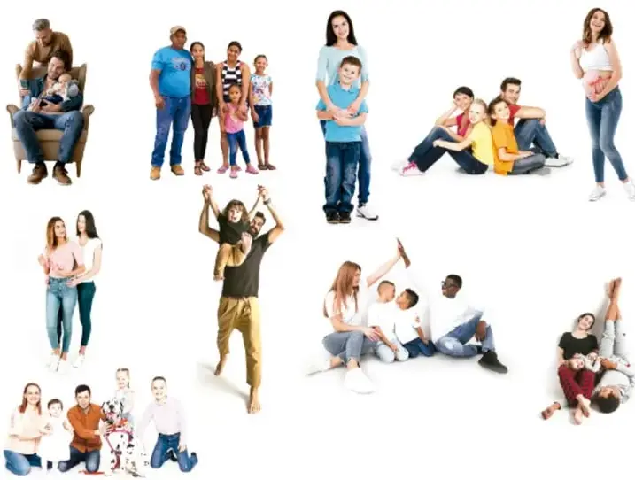 Collage de fotografías con diversos grupos familiares: parejas con hijos, familias extensas, madres solteras, abuelos, etc.