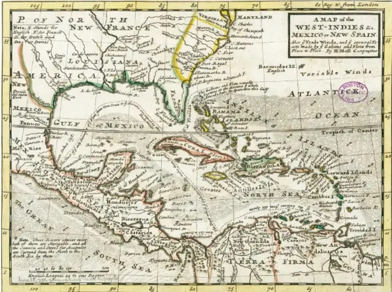 Mapa histórico titulado 'A Map of the West-Indies or the Islands of America in the North Sea', que muestra el Golfo de México, el mar Caribe, las Antillas y parte de América del Norte y del Sur. Incluye referencias a México o Nueva España, Florida, Luisiana, Carolina, Virginia, Maryland, Pensilvania, Nueva York, Nueva Inglaterra, Terranova, Canadá, el río Misisipi y el océano Atlántico.