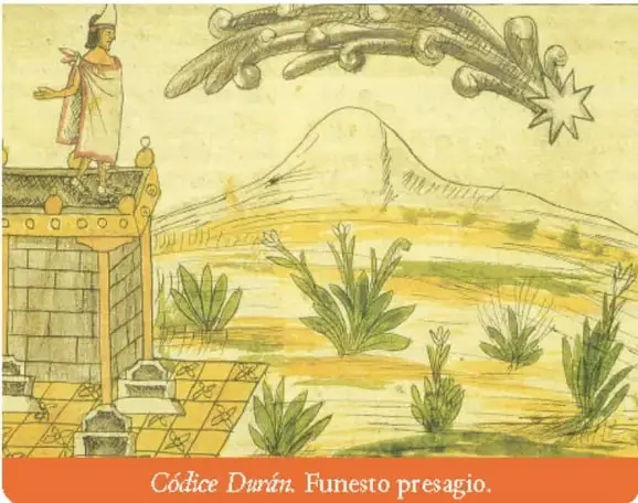 Retrato de Moctezuma II con atuendo ceremonial, sosteniendo un escudo y una lanza.