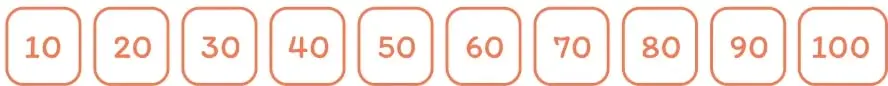 Diez recuadros con los números 10, 20, 30, 40, 50, 60, 70, 80, 90 y 100 para leer en voz alta.