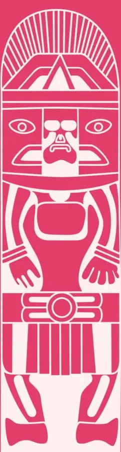 Ilustración en dos tintas (rosa magenta y blanco) de una figura antropomorfa de estilo prehispánico con tocado de plumas, similar a la de la página 256.