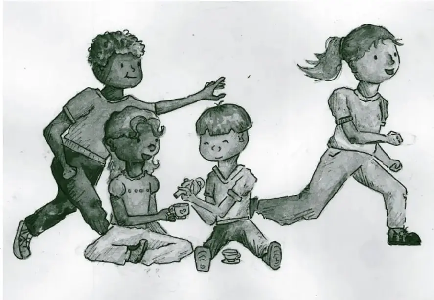 Ilustración de cuatro niñas y niños jugando: uno de pie señala, dos sentados juegan con objetos y una niña corre hacia la derecha.