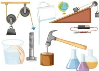 Ilustración de aparatos de laboratorio y demostraciones de propiedades físicas: poleas, mazo, resorte, inclinómetro, termómetro, recipientes con líquidos y matraces.