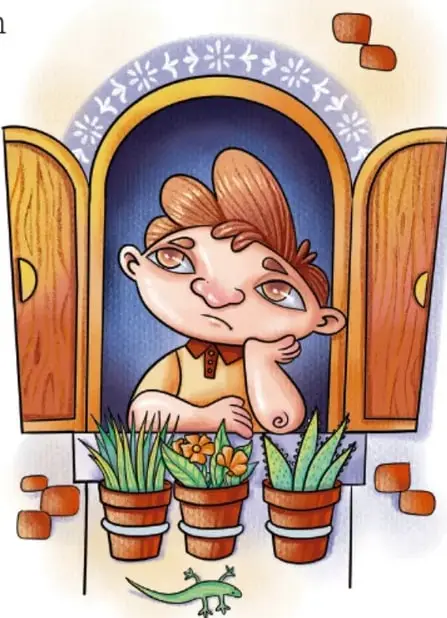 Ilustración de un niño apoyando la barbilla en la mano, mirando por una ventana con cortinas, con tres macetas de plantas y un lagarto verde en el alféizar. Crédito: Lavinia Cabrera Sandoval, TABASCO.