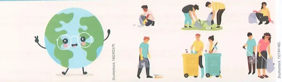 Varias personas clasifican, recogen y depositan residuos en recipientes adecuados, mientras aparece una representación sonriente del planeta.