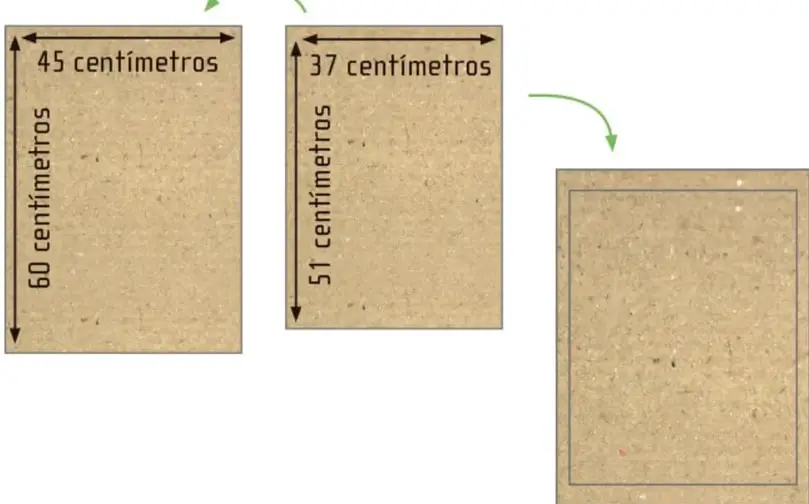 Secuencia de tres imágenes: un cartón de 45×60 cm, otro de 37×51 cm y el resultado de pegar el segundo sobre el primero formando un recuadro con borde visible; flechas verdes indican el orden del procedimiento.