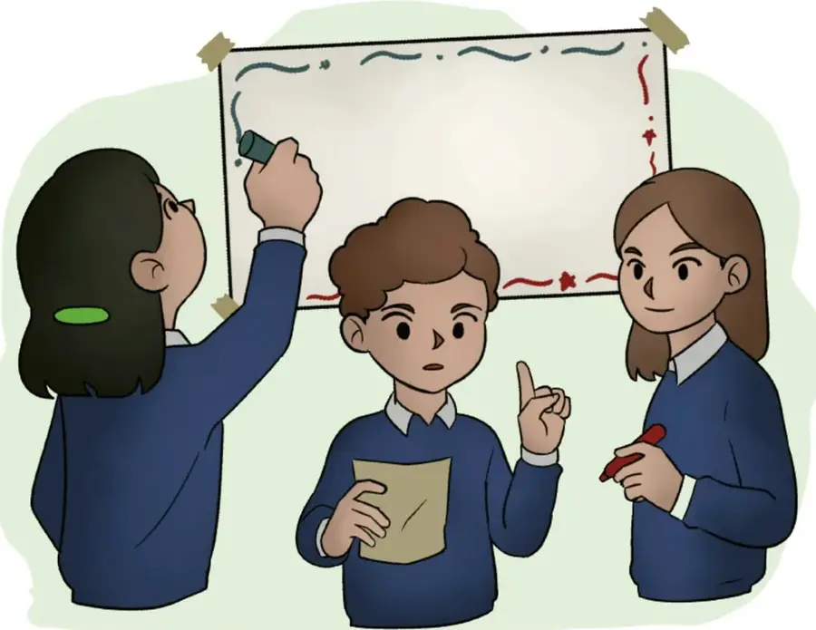 Ilustración de tres estudiantes con uniforme azul: una niña escribe o decora un cartel en el pizarrón, un niño sostiene una hoja y señala con el dedo, y otra niña sostiene un marcador rojo. El cartel representa el decálogo del aula.