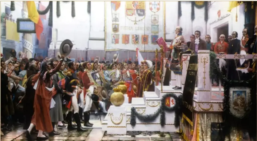 Óleo 'Promulgación de la Constitución de 1812' de Salvador Viniegra (1912), Museo de las Cortes de Cádiz: muestra a una multitud celebrando la jura de la Constitución frente a una fachada con escudos y banderas, con figuras eclesiásticas y militares presenciando el acto.