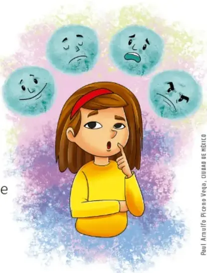 Ilustración de una niña con cabello castaño, diadema roja y suéter amarillo, con el dedo en los labios en actitud de reflexión; a su alrededor flotan cuatro burbujas de colores con rostros que expresan distintas emociones (tristeza, alegría, sorpresa, llanto). Crédito: Raúl Anahí Franco Vega, ©Banco de México.
