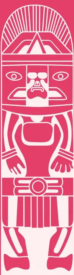 Ilustración estilizada en color rosa y blanco que representa una figura prehispánica o mesoamericana, con tocado radiado, rostro con ojos grandes, brazos extendidos y faldón con grecas. Acompaña visualmente el tema del encuentro entre Europa y América.