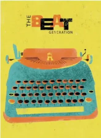Ilustración de una máquina de escribir vintage sobre fondo amarillo con el texto 'THE BEAT GENERATION'.